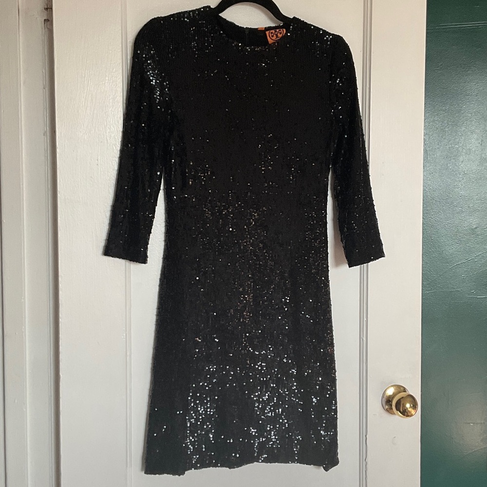 Tory Burch Black Sequin Long Sleeve Midi Dress - Picture 2 of 7